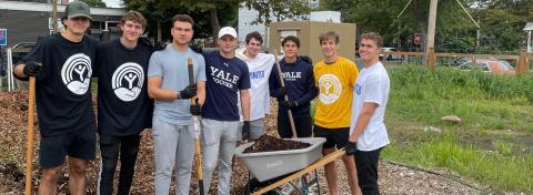 Volunteers together in a community garden